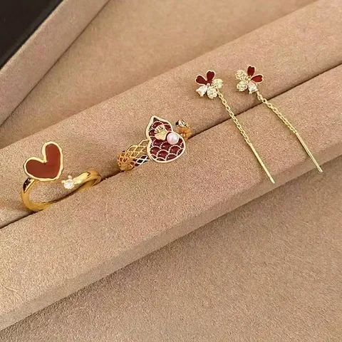 Anelli Aperti Cuore Hulu Gourd Placcati Oro 18K Retrò E Orecchini Fiori Con Smalto Zircone Perla Artificial Perno In Argento