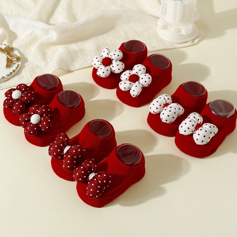 Baby Rote Anti-Rutsch Bodensocken Baumwolle Strick Schleife Blume Für Kleinkinder Weihnachten Neujahr