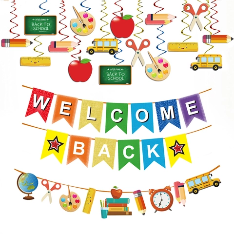 Willkommen Zurück In Der Schule Banner Dekoration Papier Hängende Spiralen Girlande Bus Apfel Bleistift Klassenzimmer Party