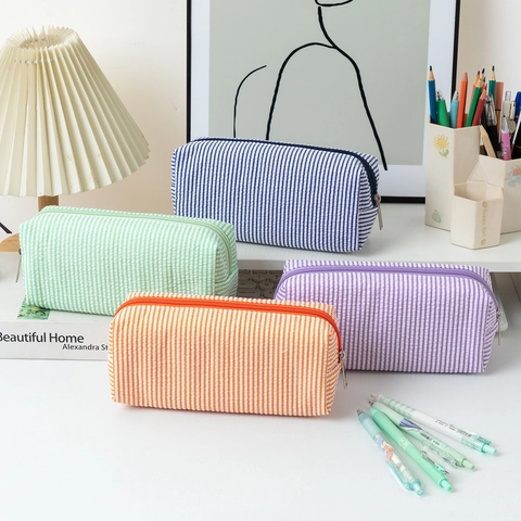 Seersucker Striped Pencil Case High Capacity Stationery Storage Bag Rectangular Zipper Pouch For Student Office Desktop