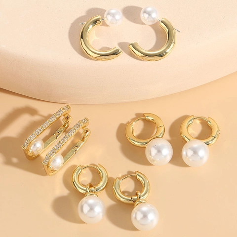 Bohemian Hoop Earrings Copper Zircon Artificial Pearl Elegant Luxury Gold Plated Geometric Jewelry For Women