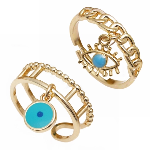Anillo Ojo Turco Cobre Chapado En Oro Circonita Colorida Micro Pave Ajustable Joyería Boho