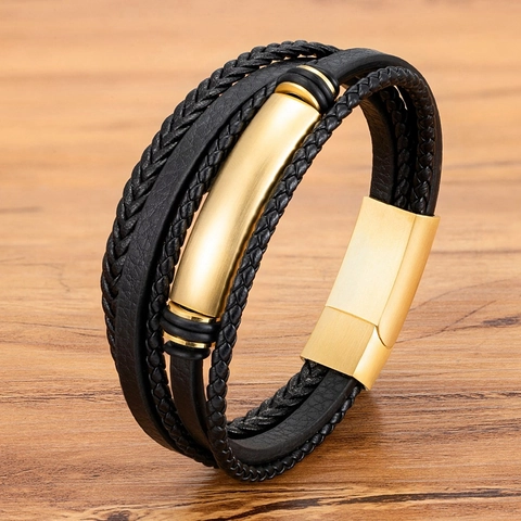 Pulsera De Cuero Trenzado Multicapa Para Hombre Con Cierre Magnético De Acero Inoxidable Moda Punk