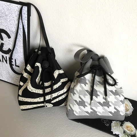 Sac Seau Tricoté Pour Femmes Motif Pied-De-Poule Cœur Cordon Sac Bandoulière Sac À Épaule Mode Polyester