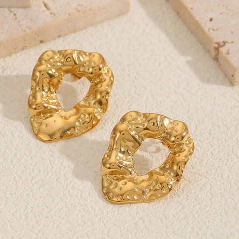 Edelstahl Unregelmäßige Hohle Creolen Vergoldet Hammerschlag Textur Retro Ins Stil Modeschmuck Für Damen