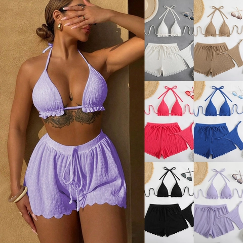 Women Polyester Crinkle Halter Top Bikini Bottom And Scalloped Shorts Solid Color Summer Beachwear Resort Style