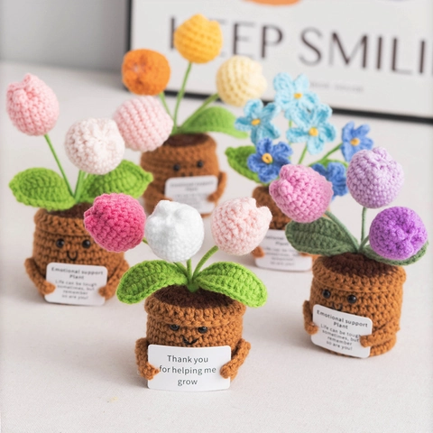 Hand Crocheted Emotional Support Plant Desk Ornament Handmade Knitted Flower Potted Decoration For Office Home Table Decor Gift