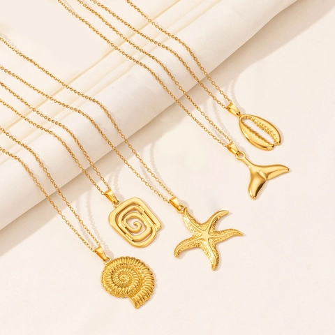 Collar Con Colgante De Acero Inoxidable Tema Océano Estrella De Mar Concha Cola De Pez Joyería Para Mujer