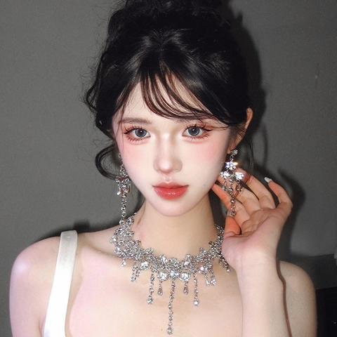 Rhinestone Waterdrop Necklace And Earrings Jewelry With Silver Earring Post Elegant Luxury Evening Party For Women