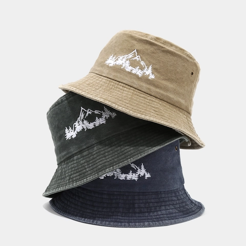 Retro Bucket Hat Aus Gewaschener Baumwolle Mit Bergwald-Stickerei Sonnenschutz Outdoor Fischerhut Für Herren Und Damen