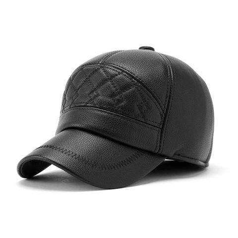 Gorra De Béisbol De Invierno Para Hombre Cuero PU Cálido Forro Peluche Protección Oídos Ajustable Negro