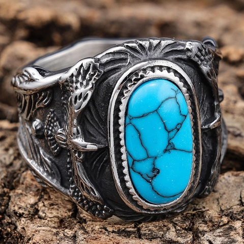 Vintage Men Stainless Steel Ring With Turquoise Inlay Eagle Feather Carved Pattern Retro Punk Biker Band