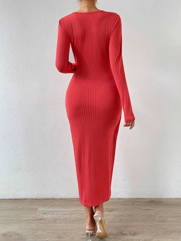 Vestido Largo De Punto Canalé Para Mujer Manga Larga Nudo Torcido Abertura Alta Ajustado Elegante Fiesta Color Sólido