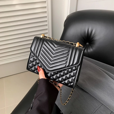 Petit Sac à Bandoulière Matelassé en Similicuir Motif Chevron Avec Chaîne Dorée Sac Porté Épaule Mode Polyvalent Femme