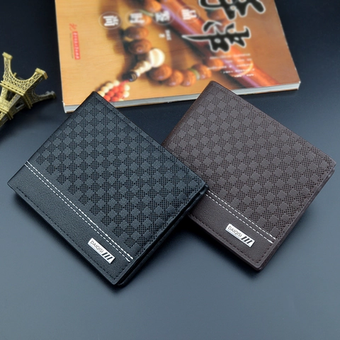 Men Short Folding Wallet PU Leather Lattice Embossed Slim Business Casual Card Holder Large Capacity Purse
