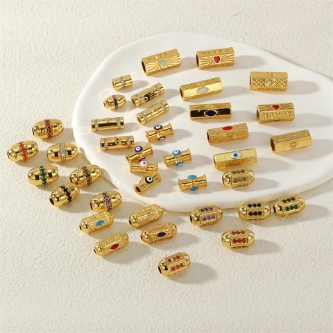 Cuentas Espaciadoras De Cobre Chapadas En Oro De 18K Para Hacer Joyas Pulsera DIY Agujero Grande Cuenta De Barril Con Patrón De Esmalte Zircón