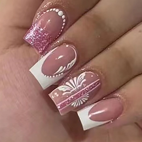 French Press On Nails Medium Long Square Pink Gradient White Flower Glitter Fake Nails