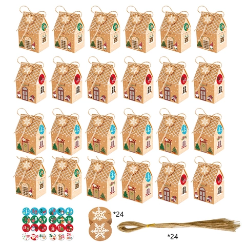 Weihnachten Lebkuchenhaus Kraftpapier Geschenkbox Set Mit Hanfseil Anhänger Aufkleber Für Party Süßigkeiten Kekse Deko
