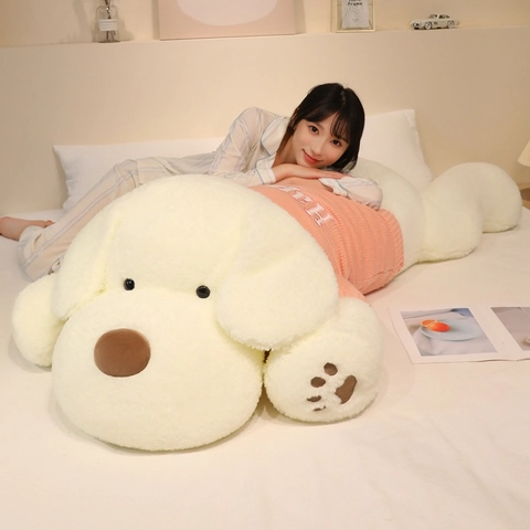 Grand Chien En Peluche Doux Velours Granulaire Animal Rembourré Chiot Allongé Avec Pull Heureux Long Oreiller De Sommeil Décoration