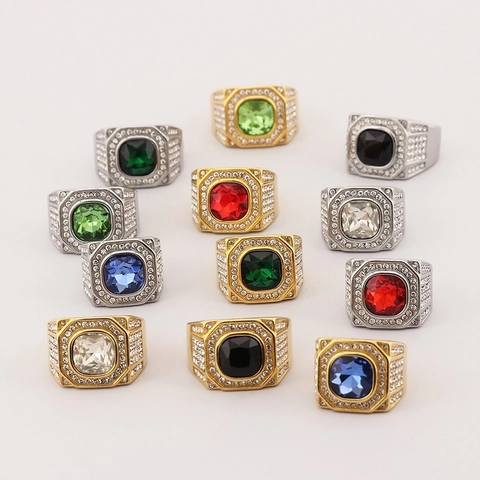 Men Hip Hop Ring Stainless Steel Large Square Zirconia Pavé Rhinestones Retro Luxury Punk Jewelry