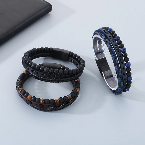 Bracciale Da Uomo Multistrato In Pelle Intrecciata Pietra Occhio Di Tigre Agata Nera Acciaio Inossidabile Chiusura Magnetica