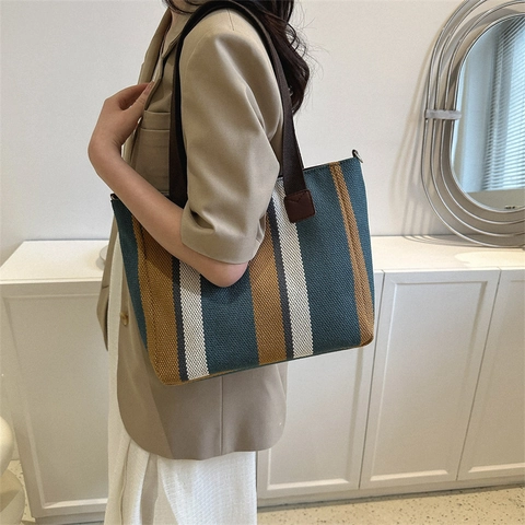 Striped Canvas Tote Bag Large Capacity Casual Commuter Shoulder Handbag For Women With Adjustable Strap