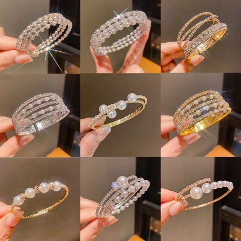 Multi-Layer Copper Bracelet With Faux Artificial Pearl And Rhinestone Adjustable Open Cuff Fashion Jewelry For Women