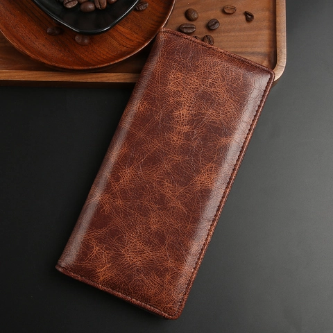 Long Wallet For Men Vintage PU Leather Multi Card Slots Business Large Capacity Phone Pocket Retro Purse