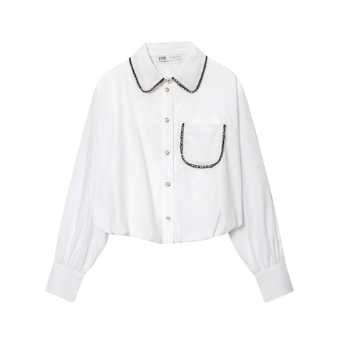 Camisa De Manga Larga Con Adorno De Perlas Artificiales Solapa Contrastada Bolsillo Elegante Blusa De Popelina Poliéster