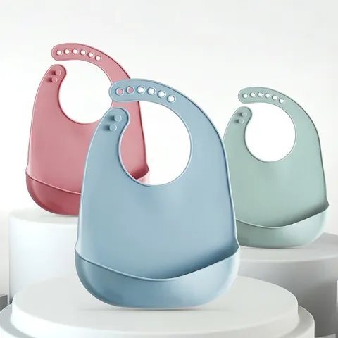 Baby Silicone Bib Waterproof Food Grade Adjustable Neck Strap Large Pocket Crumb Catcher Feeding Soft Infant