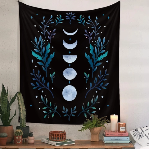 Moon Phase Tapestry Polyester Celestial Wall Hanging Bohemian Mysterious Plant Leaf Design Black For Bedroom Living Room