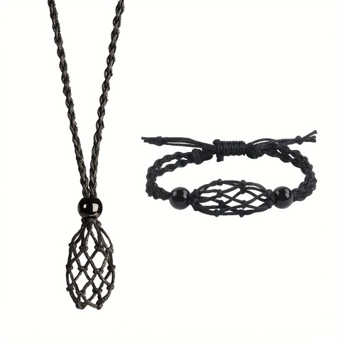 Handmade Braided Cord Necklace Mesh Pouch For Crystal Stones Adjustable Bohemian Ethnic Style Jewelry With Wood Beads