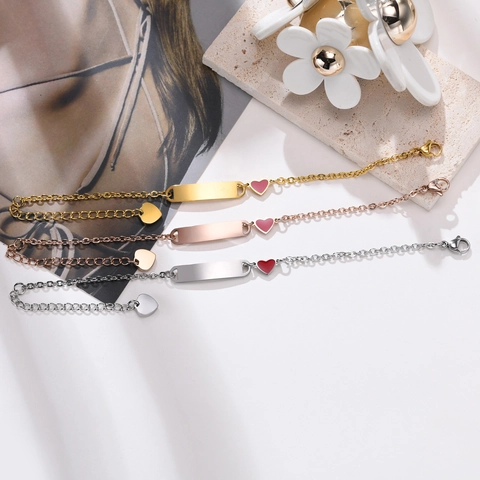 Stainless Steel Bracelet Heart Enamel Charm Rectangle ID Plate Adjustable Chain Minimalist Jewelry For Women Girls