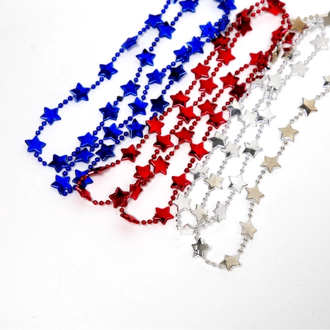 Independence Day Star Bead Necklace Metallic Patriotic Red Silver Blue Star Chain Party Favor For July 4th Celebration