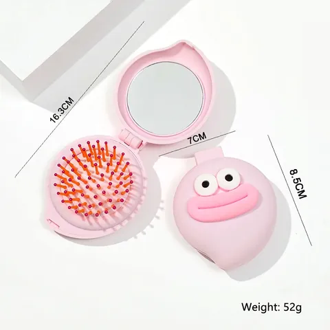 Draagbare Opvouwbare Haarborstel Met Spiegel Mini Ronde Luchtkussen Massagekam Schattig Cartoon Ontwerp Voor Meisjes Kids