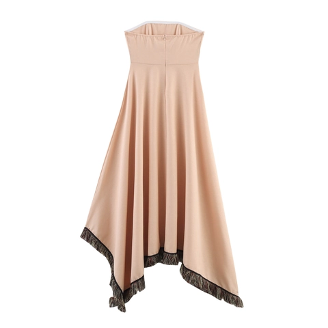 Dames Strapless Maxi Jurk Polyester Asymmetrische Franje Zoom Vakantie Boho Stijl Effen Kleur