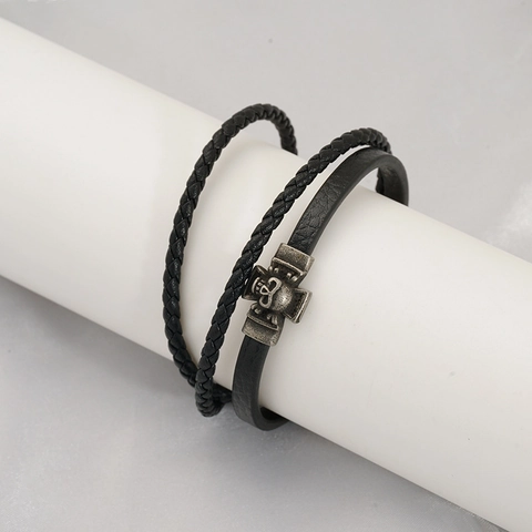 Herren Mehrlagiges Geflochtenes Lederarmband Mit Edelstahl Totenkopf Kreuz Retro Gothic Punk Mode Schmuck