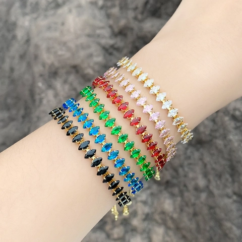 Bracciale Regolabile In Zircone Taglio Marquise Rame Placcato Oro 18K Gioielli Geometrici Colorati Per Donna