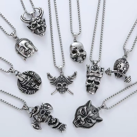 Men 304 Stainless Steel Pendant Necklace Skull Buddha Head Lion Cross Snake Punk Gothic Hip Hop Jewelry Accessory