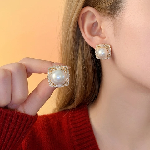 Orecchini Quadrati Vintage Künstliche Perle Sintetiche Zirconia Borchie Geometriche Perno Argento Donna Gioielli Lusso