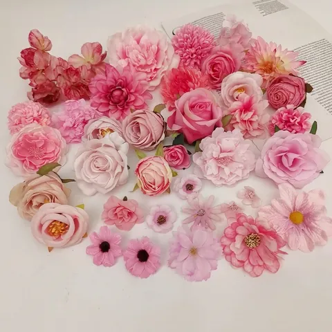 Artificial Flower Heads Pink Satin Fake Roses Peony Daisy Multi Styles For DIY Wedding Home Party Decor Hair Accessories