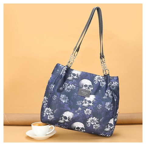 Women Gothic Skull Floral Print Tote Bag Oxford Cloth Large Capacity Shoulder Handbag With Metal Chain Zipper Closure