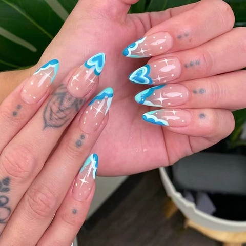 Faux Ongles Press On À Motif Cœur Bleu Longue Moyenne Amande Pointes Artificielles Motif Étoile Style Doux Haute Brillance