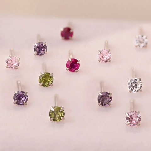 Minimalist Small Colorful Cubic Zirconia Stud Earrings S999 Pure Silver Four Prong Geometric Round Jewelry For Women