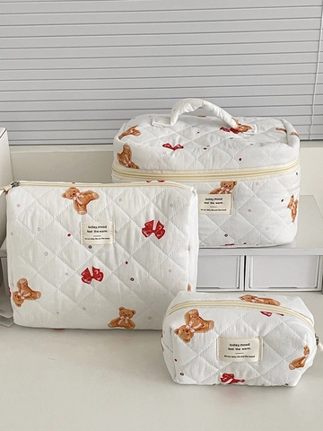 Cute Bear Print Quilted Cotton Cosmetic Bag Large Capacity Toiletry Pouch For Travel Daily Storage Makeup Organizer
