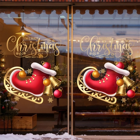 Christmas Window Sticker Static Cling PVC Glue Free Double Sided Red Boot Gold Bells Holiday Glass Decor New Year