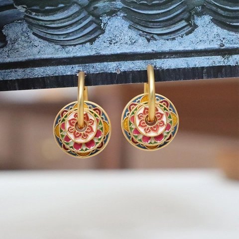 Neuer Chinesischer Stil Retro Ethno Emaille Blumen Ohrringe Für Damen Kupfer Bunte Lotus Runde Tropföl Schmuck Geschenk