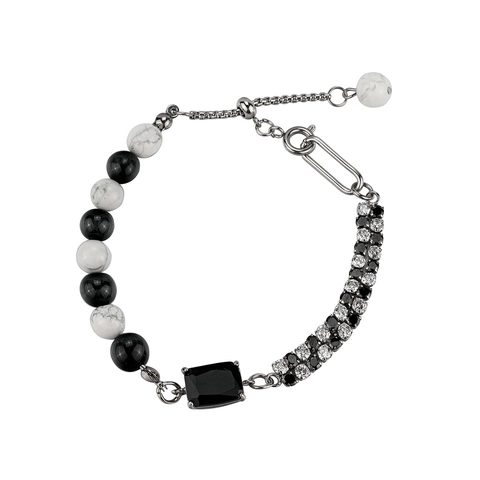 Hip Hop Naturstein Armband Titanstahl Rechteckiger Schwarzer Edelstein Strass Verstellbarer Schmuck Für Damen Herren