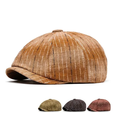 Newsboy Cap Retro British Style Adjustable Stripe Cotton Flat Cap For Men Women Casual Sunshade Hat