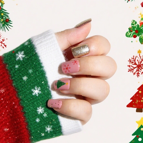 Christmas Press On Nails Short Square Snowflake Christmas Tree Glossy ABS Resin For Women Festive Party